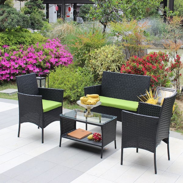 Black 4-Piece Wicker Patio Conversation Set with Green Cushions and ...