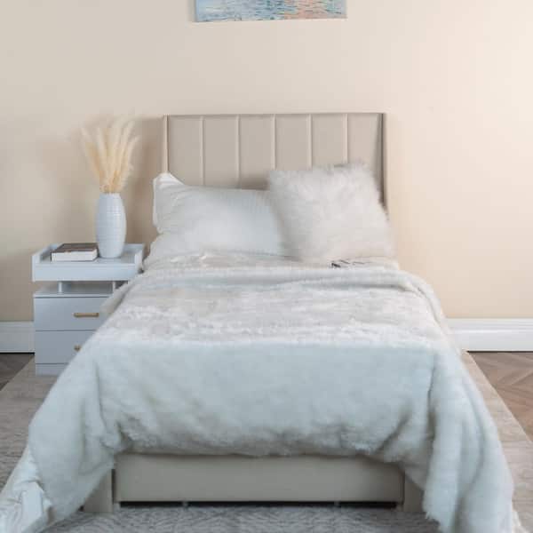 Homy Casa SUMMIT Twin Beige Upholstered Platform Bed with Wingback Headboard, Metal Frame, Charging Ports and Storage Drawer
