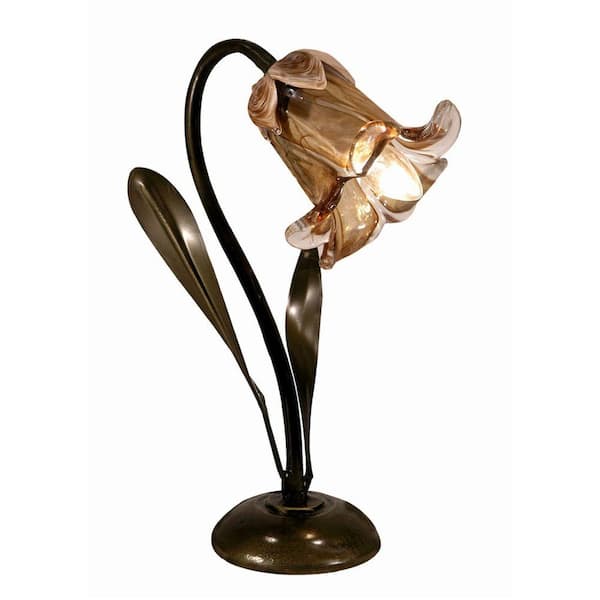 Warehouse of Tiffany Sophia 15 in. Antique Bronze Indoor Tiffany-Style Table Lamp with Amber Lily Shade