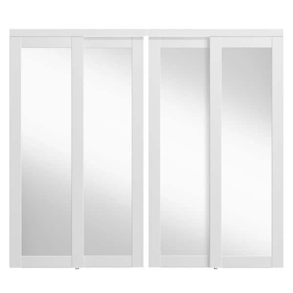 96 in. x 80 in. (Double 48 in. Doors) MDF White Double Mirrored 1 Panel Glass Sliding Door with All Hardware