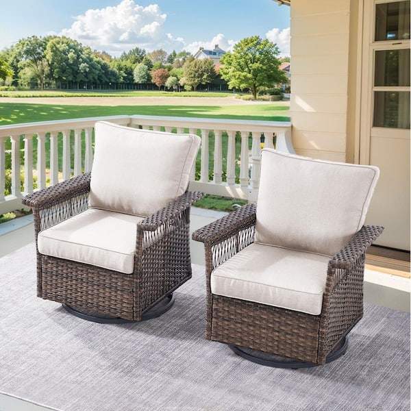 Seagull 5-Piece Brown Wicker Patio Conversation Set with Beige Cushions and Patio Swivel Chairs/Couch