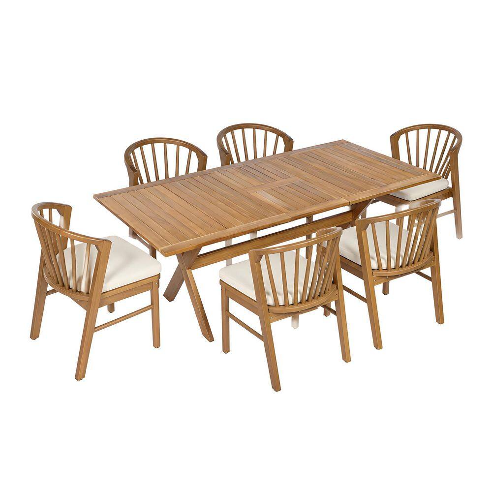 Veronica 7-Piece Rectangle Teak Solid Wood Top Outdoor Dining Table Set with Cream Cushion Seats 6 price history on PriceWatchPro