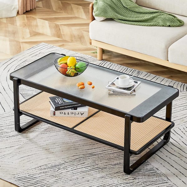 Zeus & Ruta Rectangle Double Layer Black Solid Wood Imitation Rattan Coffee Table with Craft Glass Tabletop for Living Room, Bedroom