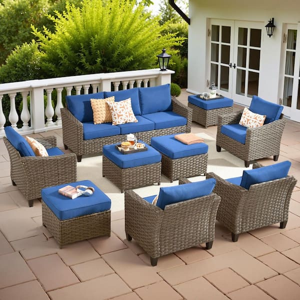 OVIOS Naturno Gray 9-Piece Wicker Patio Conversation Set with Navy Blue Cushions