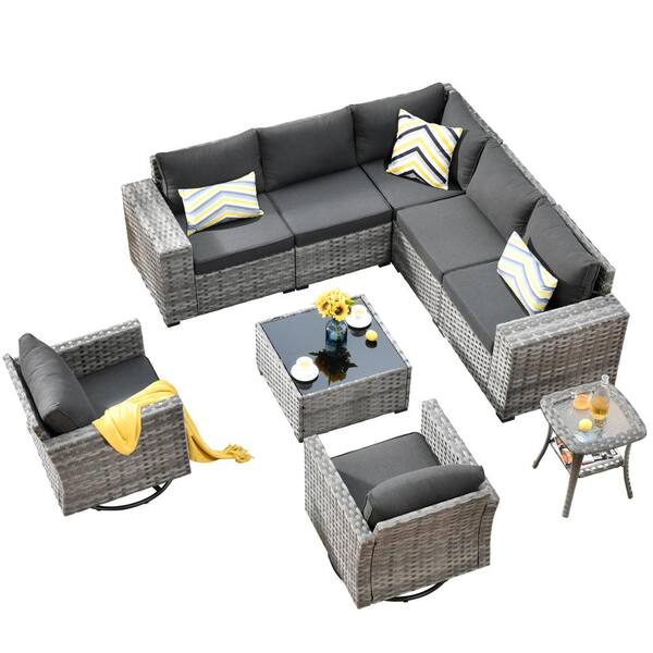 Crater Grey 9-Piece Wicker Wide-Plus Arm Patio Conversation Sofa Set with Swivel Rocking Chairs and Black Cushions