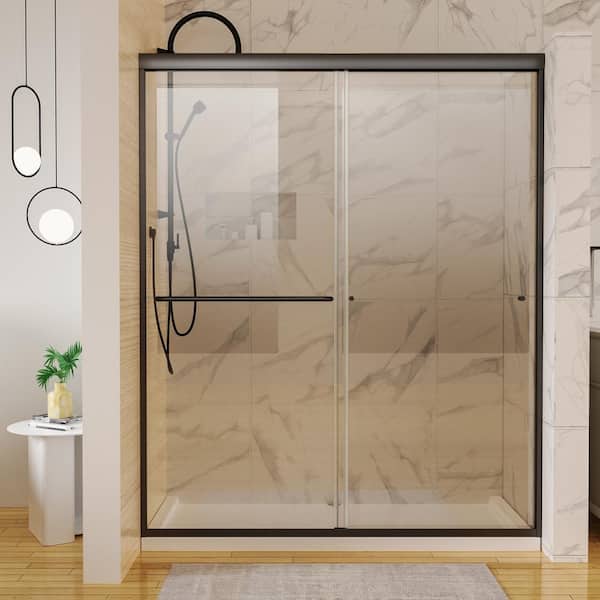 JimsMaison 60 in. W x 72 in. H Double Sliding Framed Shower Door in Black Finish with Tempered Glass