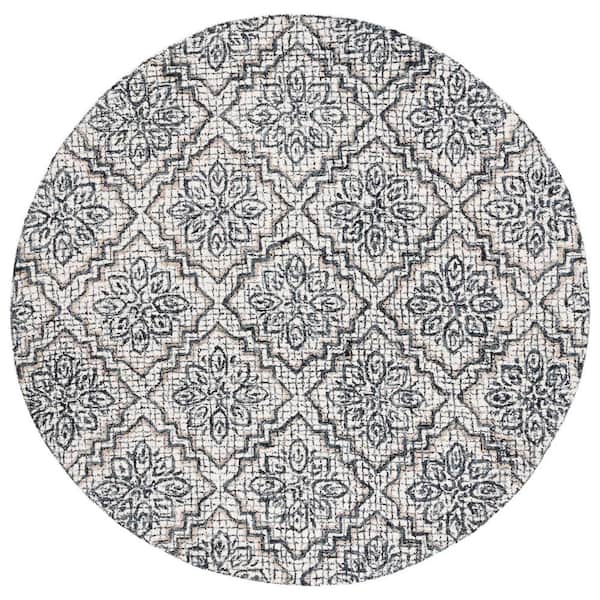 Abstract Ivory/Navy 6 ft. x 6 ft.y Diamond Floral Round Area Rug