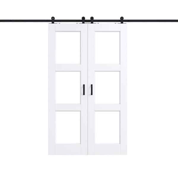 48 in. x 80 in. 3 Lite Clear Glass White Primed MDF Top Mount Sliding Barn Door with Hardware Kit (T Shape Hanger)