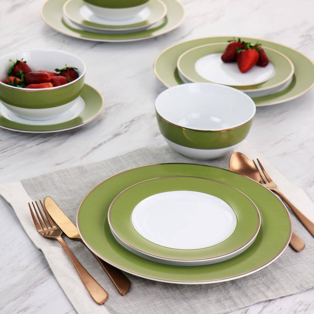 Green and Gold Rimmed 12-Piece Ceramic Dinnerware Set