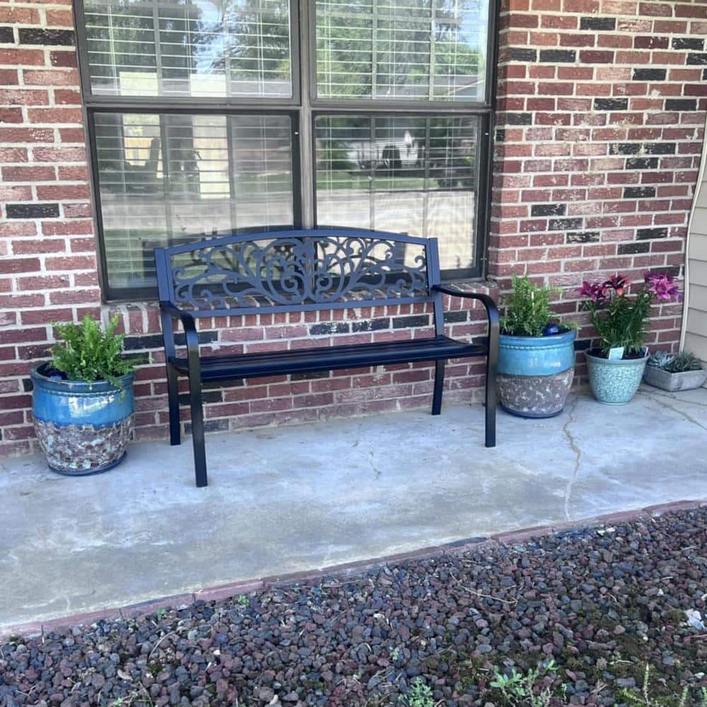 50 in. Metal Outdoor Bench Patio Furniture with Floral Back
