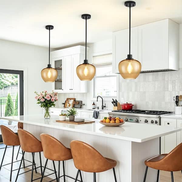 Rayhome 9.05 in. Modern Amber Adjustable Pendant Light with Apple-shaped Tinted Glass for Kitchen Island Diningroom
