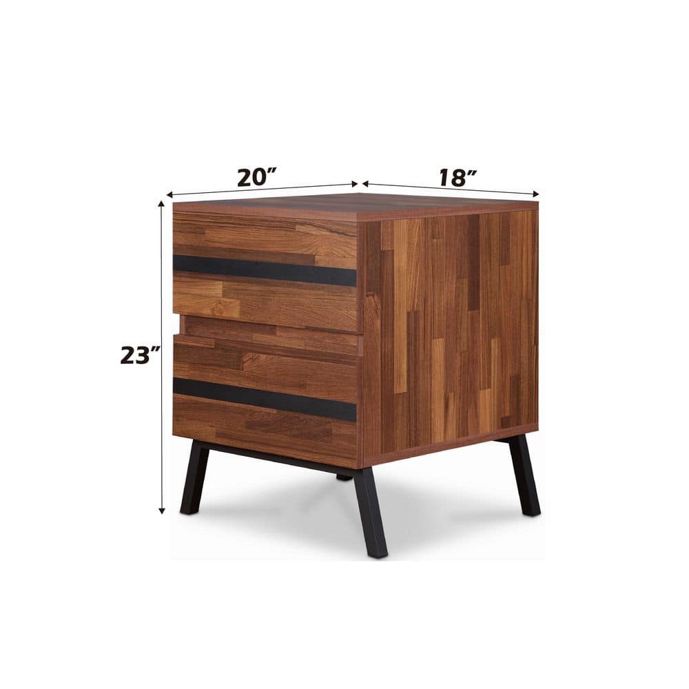Walnut and Black Modern Rectangular Nightstand with Storage