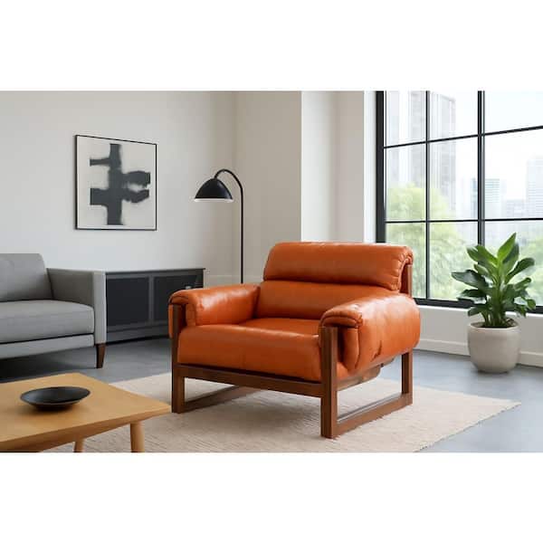 BYSRHK 33.5 in. Wide Rust Orange Vintage Oil Wax Leather Recliner Chair with Rubberwood Frame for Living Room