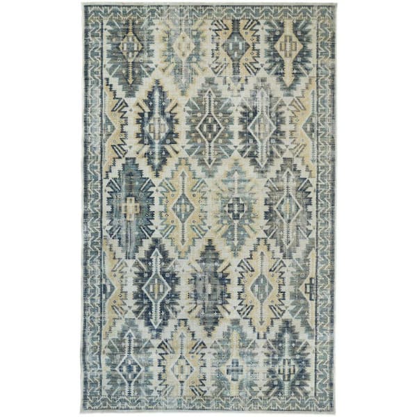 Ivory Green and Blue 13 ft. x 15 ft. Medallion Indoor/Outdoor Area Rug
