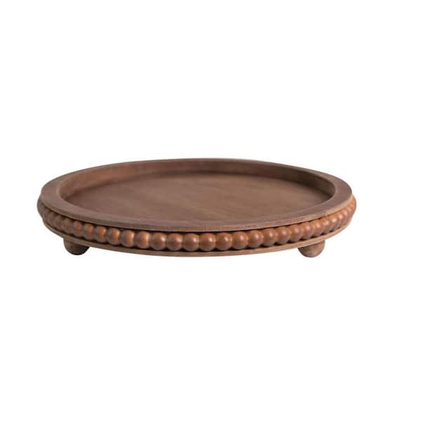 Unbranded Elegant 12-Inch Brown Wood Beaded Round Tray for Stylish Home Decor
