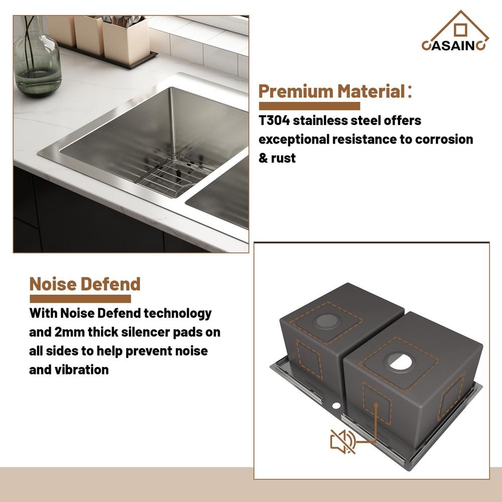 33'' Drop-In Double Bowl Stainless Steel Kitchen Sink with Accessories