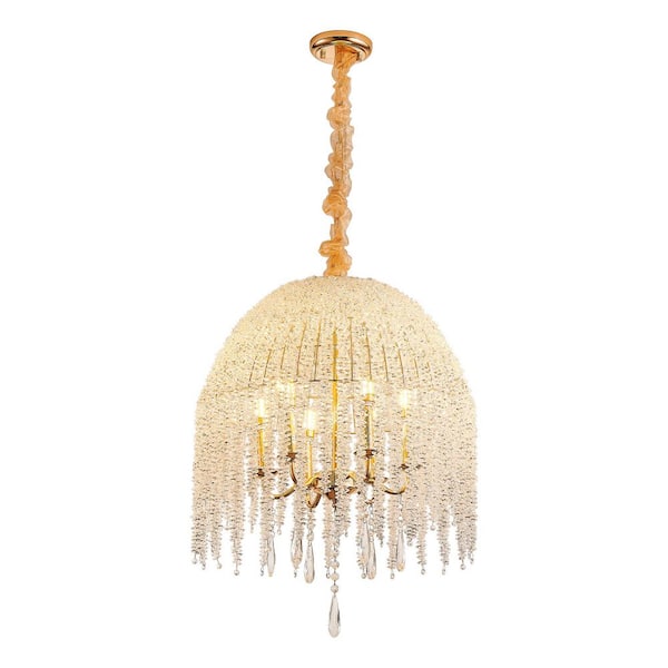 20 in. W 6-Light Gold Crystal Chandelier Waterfall Design Grape-Shaped Crystal Bead Strings, E12, No Bulbs Included