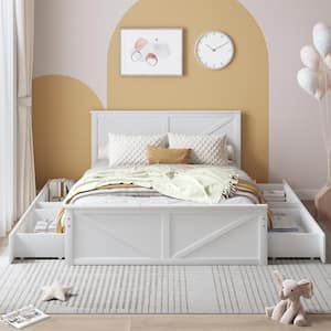 White Wood Frame Queen Size Platform Bed with 4 Drawers