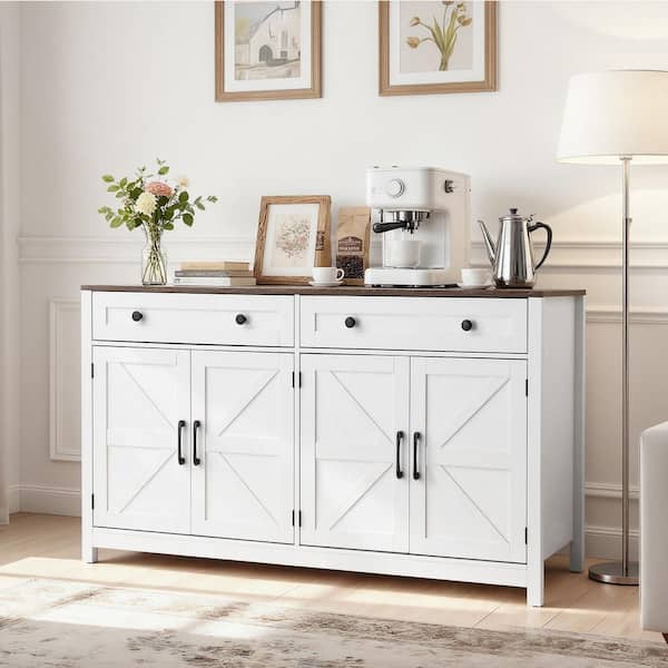 Coffee Bar Cabinet, Farmhouse Coffee Bar Table with 2 Drawers, Buffet Stand Cabinet, 55.1 x 15.5 x 31.5 in. White