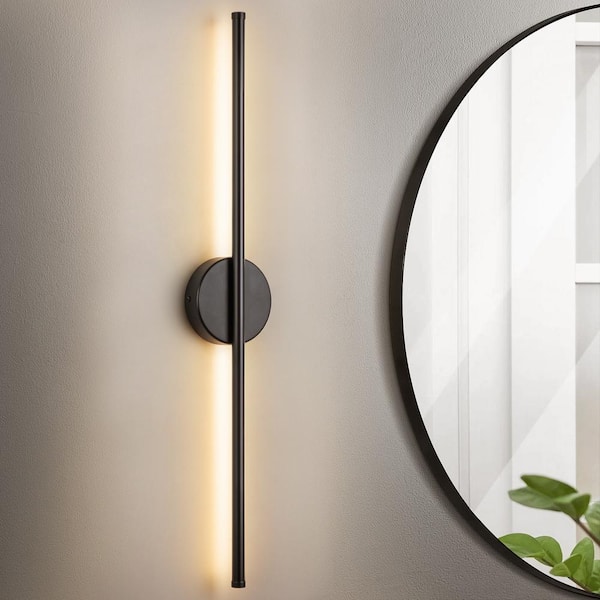 Byers 27.5 in. 1-Light Black Linear Dimmable LED 3000K Bathroom Vanity Light Wall Sconce with Round Backplate