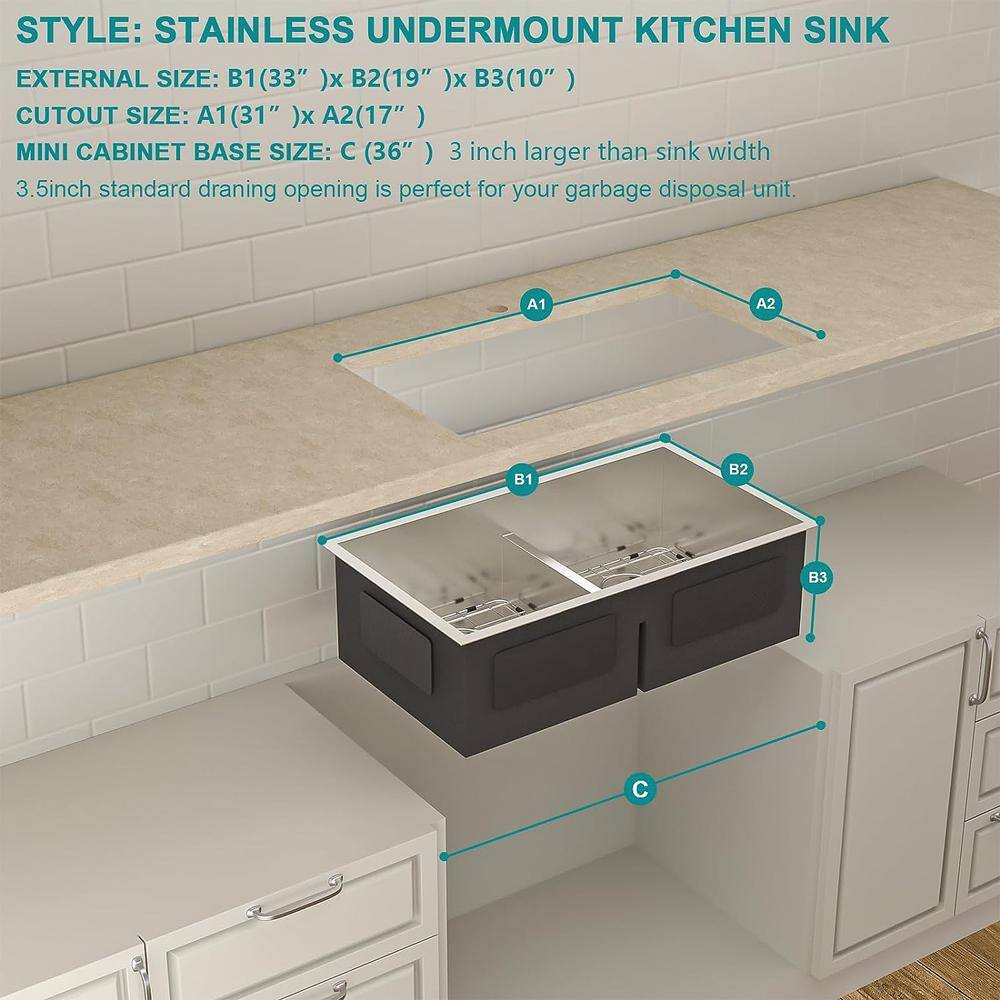 33'' Double Bowl Brushed Stainless Steel Undermount Kitchen Sink