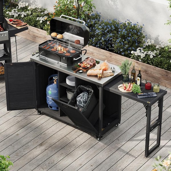 78.3 in. Outdoor Black Kitchen Island with Foldable Grill Table