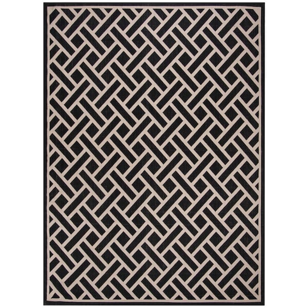 Courtyard Black/Light Beige 9 ft. x 12 ft. Geometric Lattice Indoor/Outdoor Area Rug