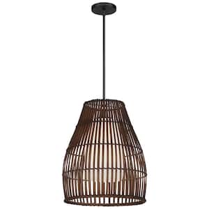 Brentwood Shore 1-Light Black Cage Pendant with Glass and Wicker Shade