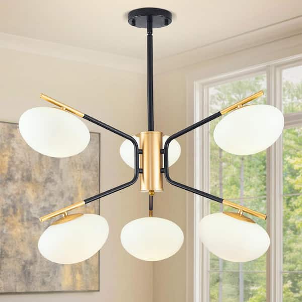 6-Light Gold Sputnik Chandelier Ceiling Light Height Adjustable with Frosted Glass Shade for Dining Room