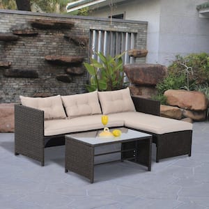 3-Piece Metal Plastic Rattan Patio Conversation Set with Beige Cushions, Chaise Lounger, Sofa, and Coffee Table