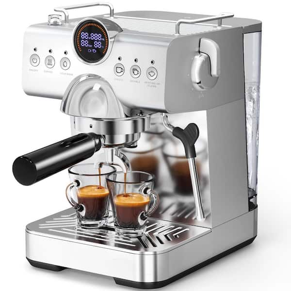 2 Cup Stainless Steel Espresso Machine with LED Display, Cold Brew and Milk Frother Steam Wand for Latte and Cappuccino