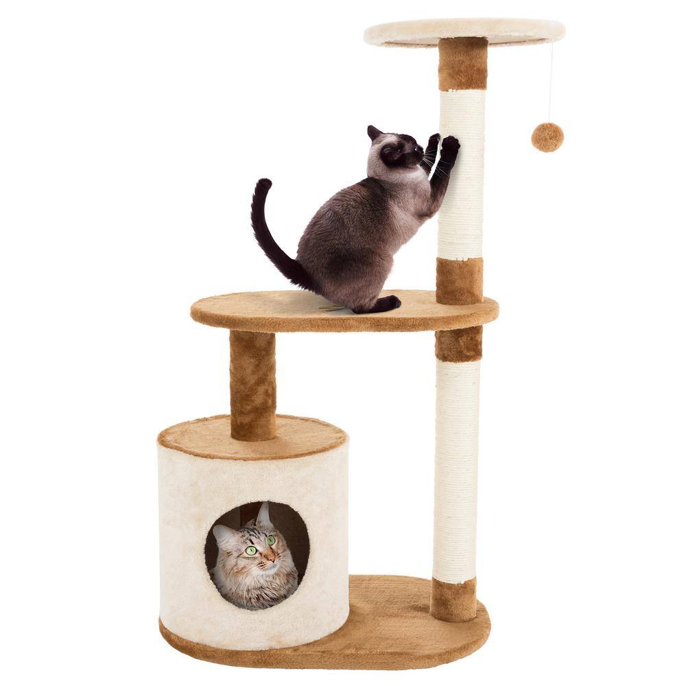 Tan and Brown 3-Tier Cat Tree with Condo and Scratching Posts