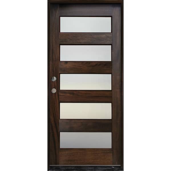 Pacific Entries 36in. x 80in. Contemporary Espresso Right Hand Inswing 5- Lite Mistlite Mahogany Wood Prehung Front Door - FSC 100%