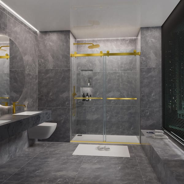 60 in. W x 80 in. H Sliding Frameless Shower Door in Brushed Gold with 3/8 in. Clear Glass
