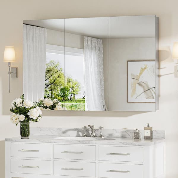KeonJinn 48 in. W x 32 in. H Rectangular Frameless Aluminum Silver Recessed or Surface Mount Medicine Cabinet with Mirror