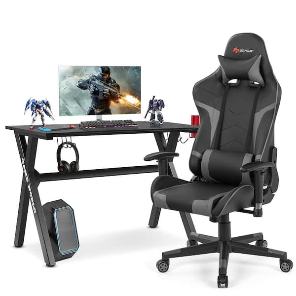 Costway 48.5 in. X-Shaped Black Gaming Desk and Black Plus Grey Racing Style Massage Chair Set Home Office