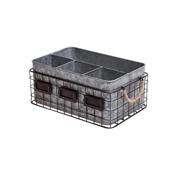 White 11 in. x 5 in. Metal Rustic Galvanized Silverware Cutlery Basket with Napkin Holder