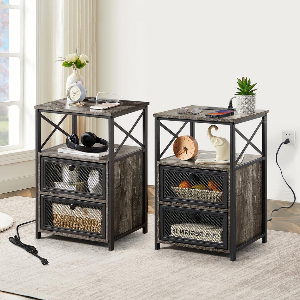 Gray and Black Metal Nightstands with Wood Top and USB Ports, Set of 2