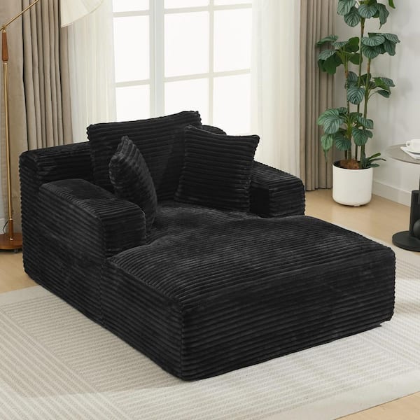 Harper & Bright Designs Full-Compressed Black Corduroy Upholstered Chaise Lounge with Removable Pillows, No Assembly Required