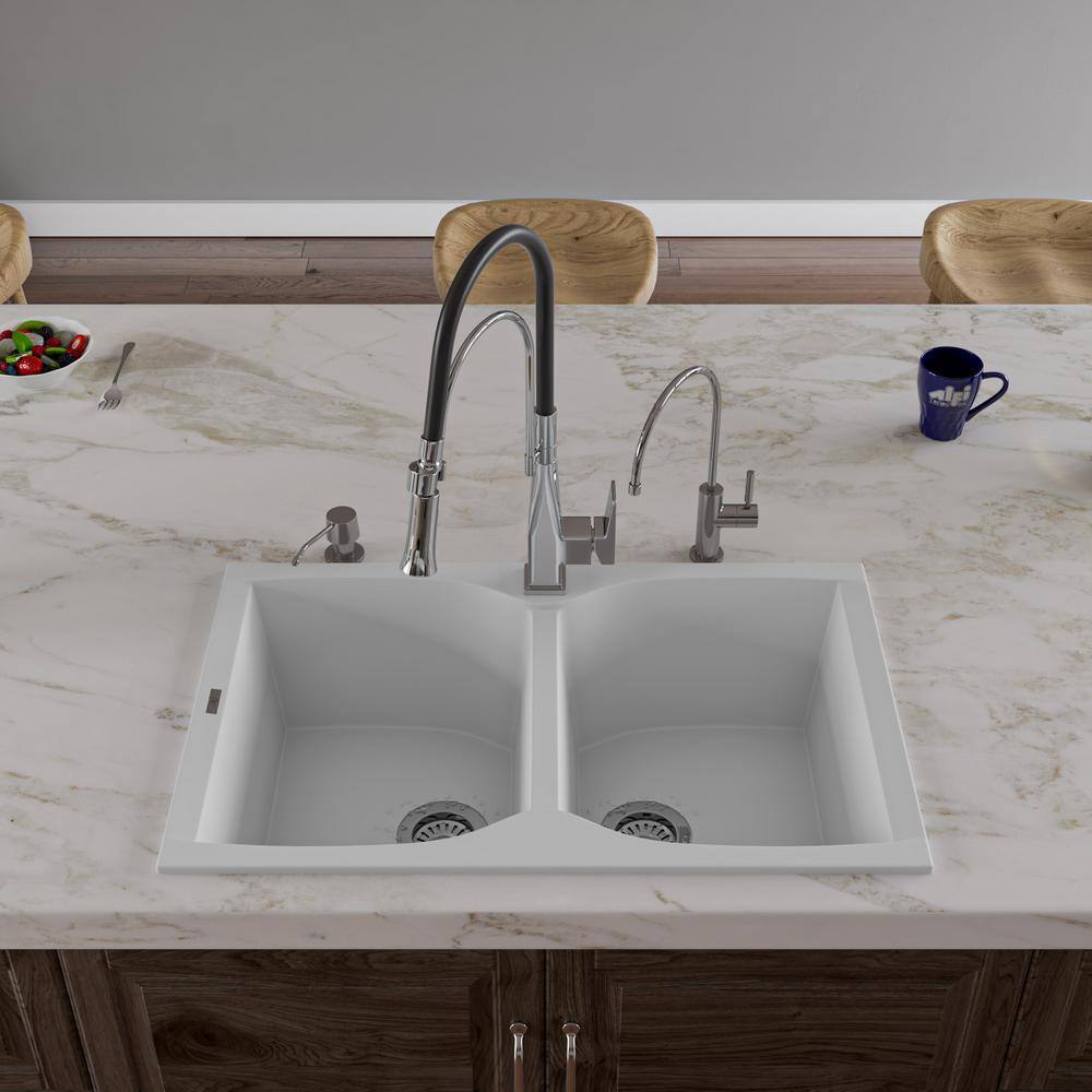 31.13'' White Granite Double Bowl Drop-In Kitchen Sink