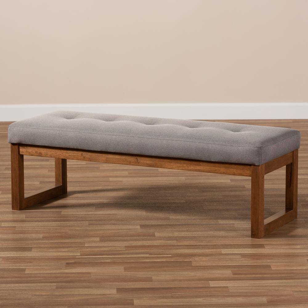 Caramay Grey Fabric and Walnut Wood Modern Storage Bench