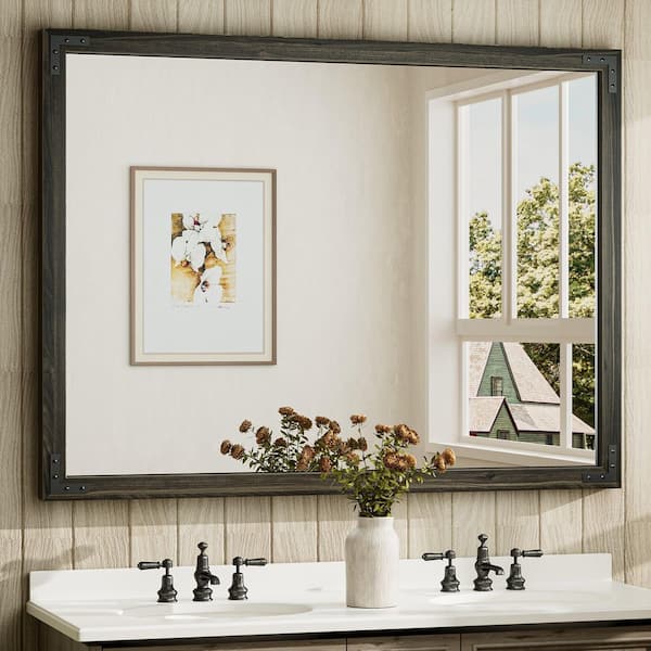 48 in. W x 36 in. H Large Rectangular Rustic Wood Framed Farmhouse Wall Bathroom Vanity Mirror in Black