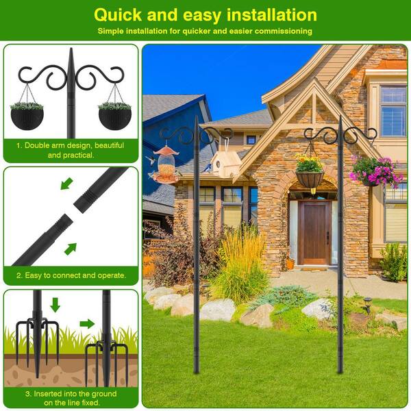 Phewnyzo 108 in. 2-Pack Tall Outdoor Hanging Pole, Dual-Arm Garden Stand with 5-Point Base for Lanterns, Baskets, and Bird Feeder
