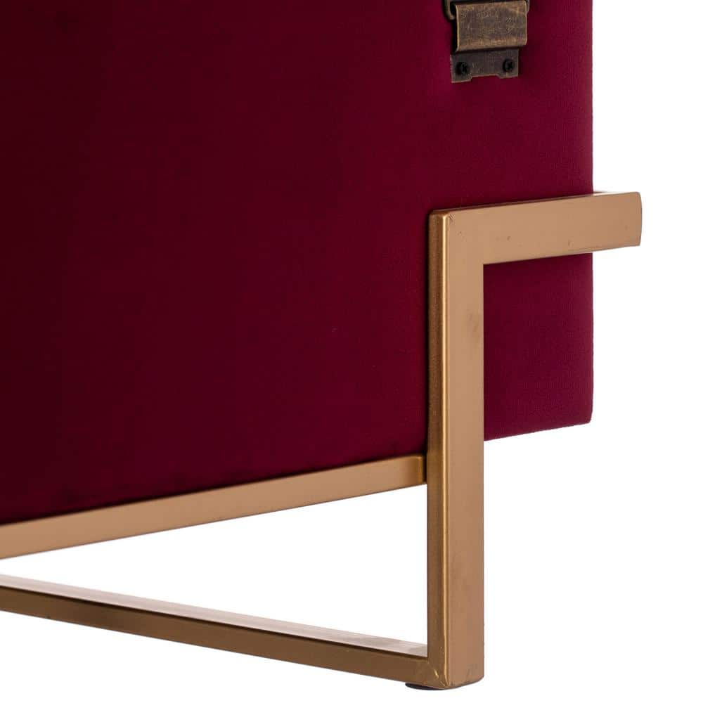 Velvet Red Storage Ottoman with Golden Abstract Legs