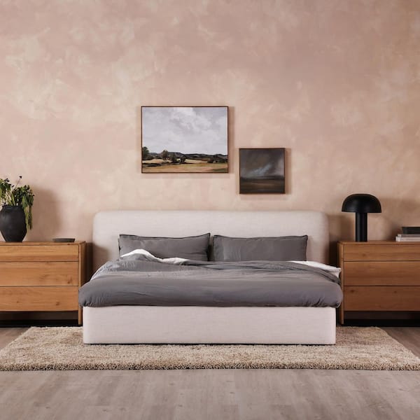 Fletcher Beige Solid Pine Frame Queen Platform Bed with Linen Blend Upholstery and Foam Headboard