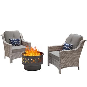 Eureka Gray 3-piece Wicker Outdoor Patio Conversation Chair Set with a Wood-Burning Fire Pit and Dark Grey Cushions