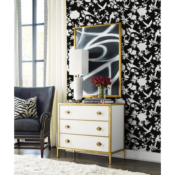 60.75 sq. ft. Coastal Haven Inkwell Kauai Bird Toile Embossed Vinyl Unpasted Wallpaper Roll
