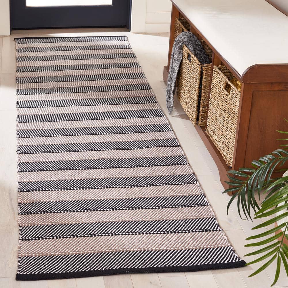 Ivory and Black Striped Kilim Wool Cotton Runner Rug