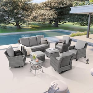 8-Piece Patio Conversation Sofa Set Gray Wicker with Swivel Rocking Chair and Side Table, Linen Grey
