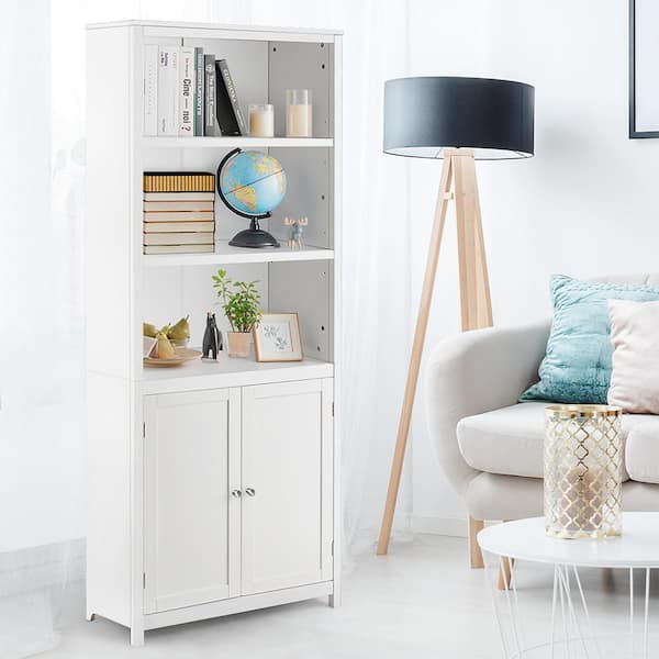 72 in. White Wood 5-shelf Standard Bookcase with Doors